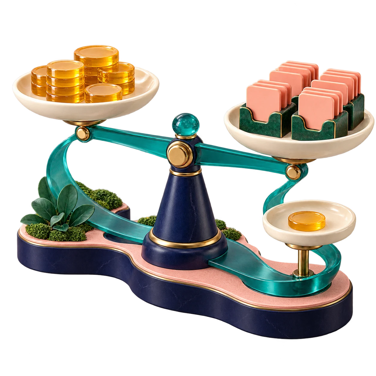 Sculptural reconciliation balance matches payment tokens with ledger references