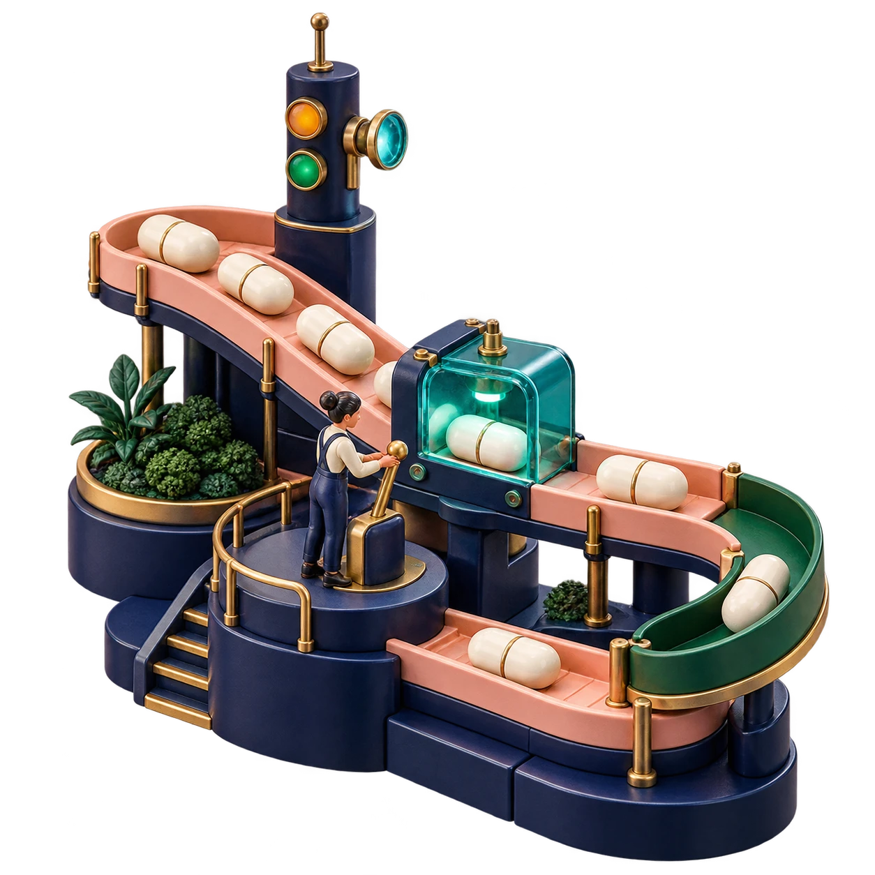 Sculptural monitoring tower detects a paused transaction and guides its recovery loop