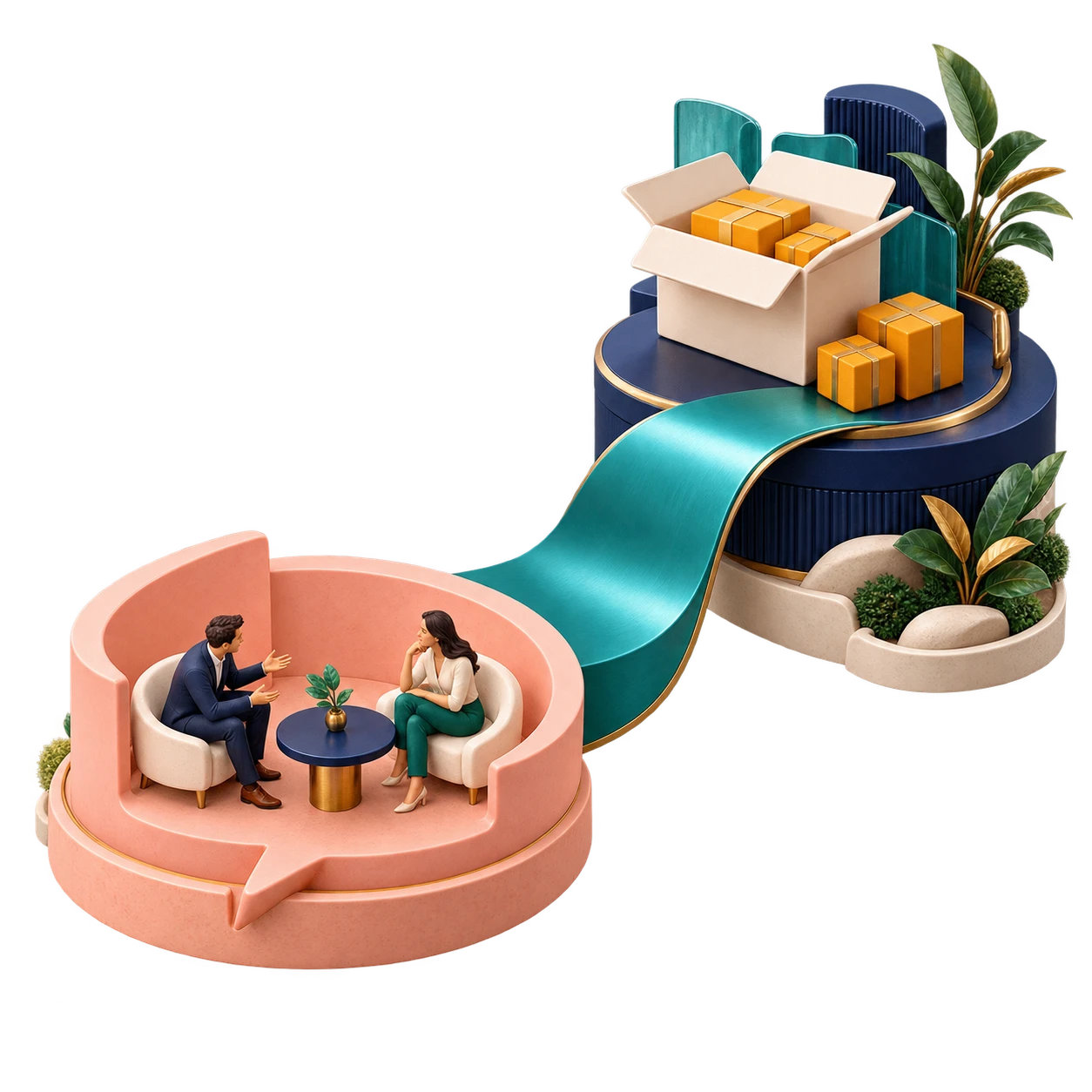 Conceptual 3D illustration of connected customer relationships and business information.