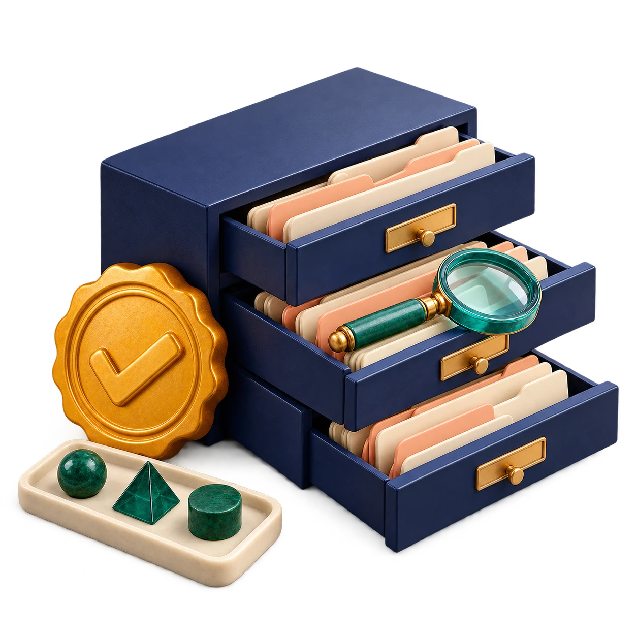 A miniature evidence archive with folders, a verification seal and carefully sorted objects
