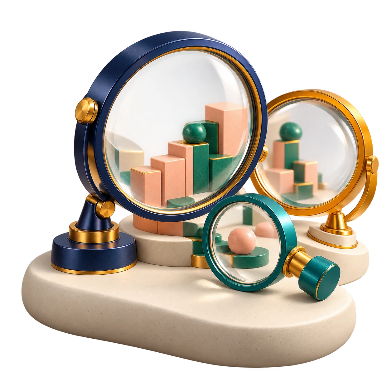 A cluster of sculptural optical lenses focuses attention on a small business model