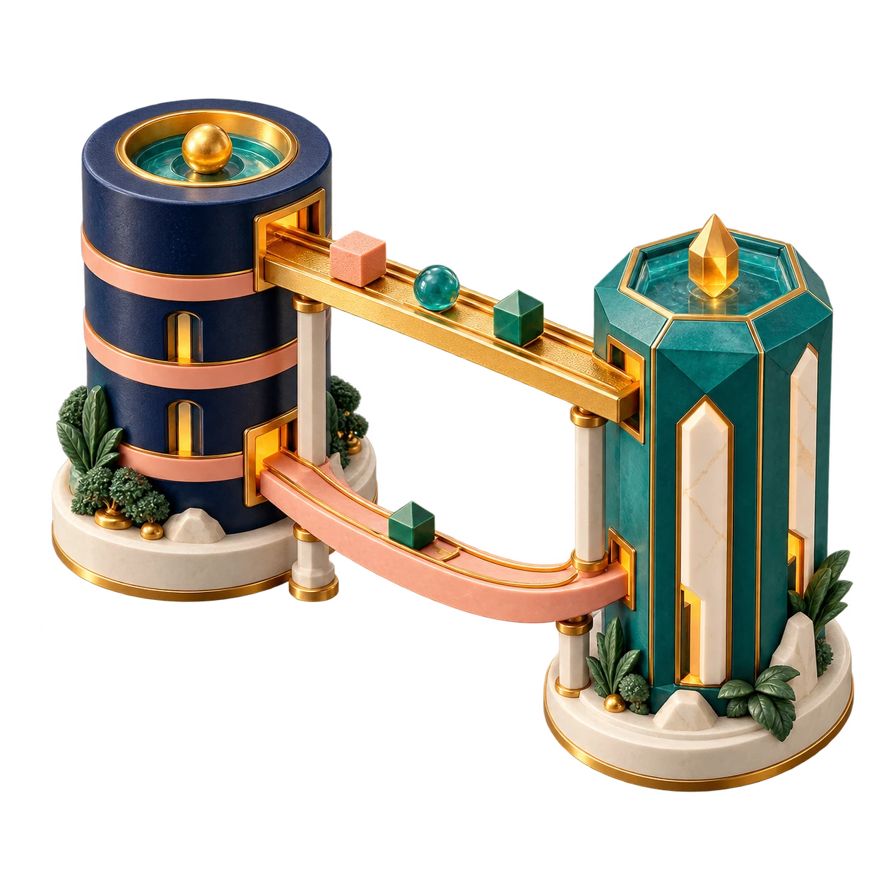 Two sculptural system towers connected by a data bridge and a lower recovery channel