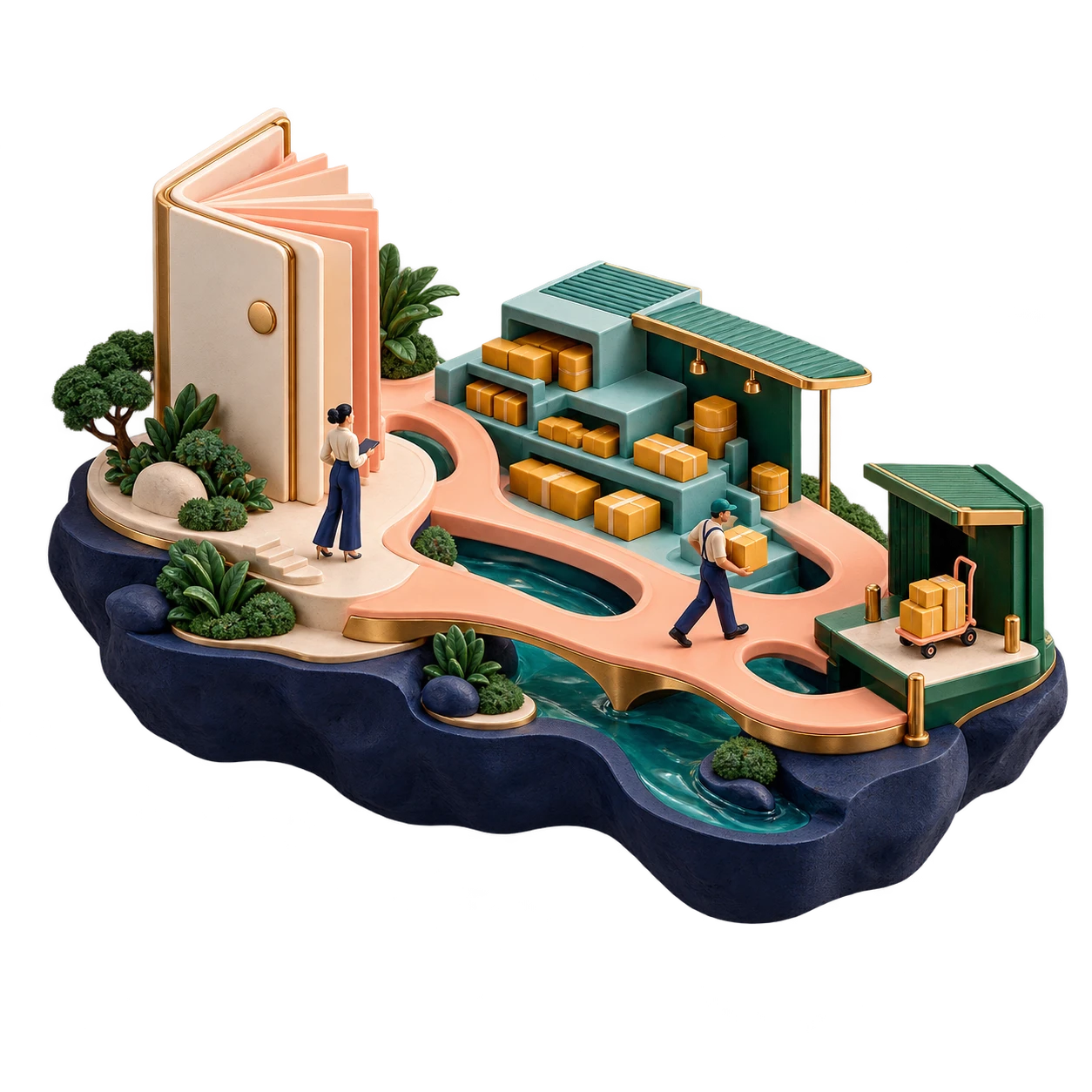 A miniature connected business landscape with a ledger tower, warehouse and delivery hub