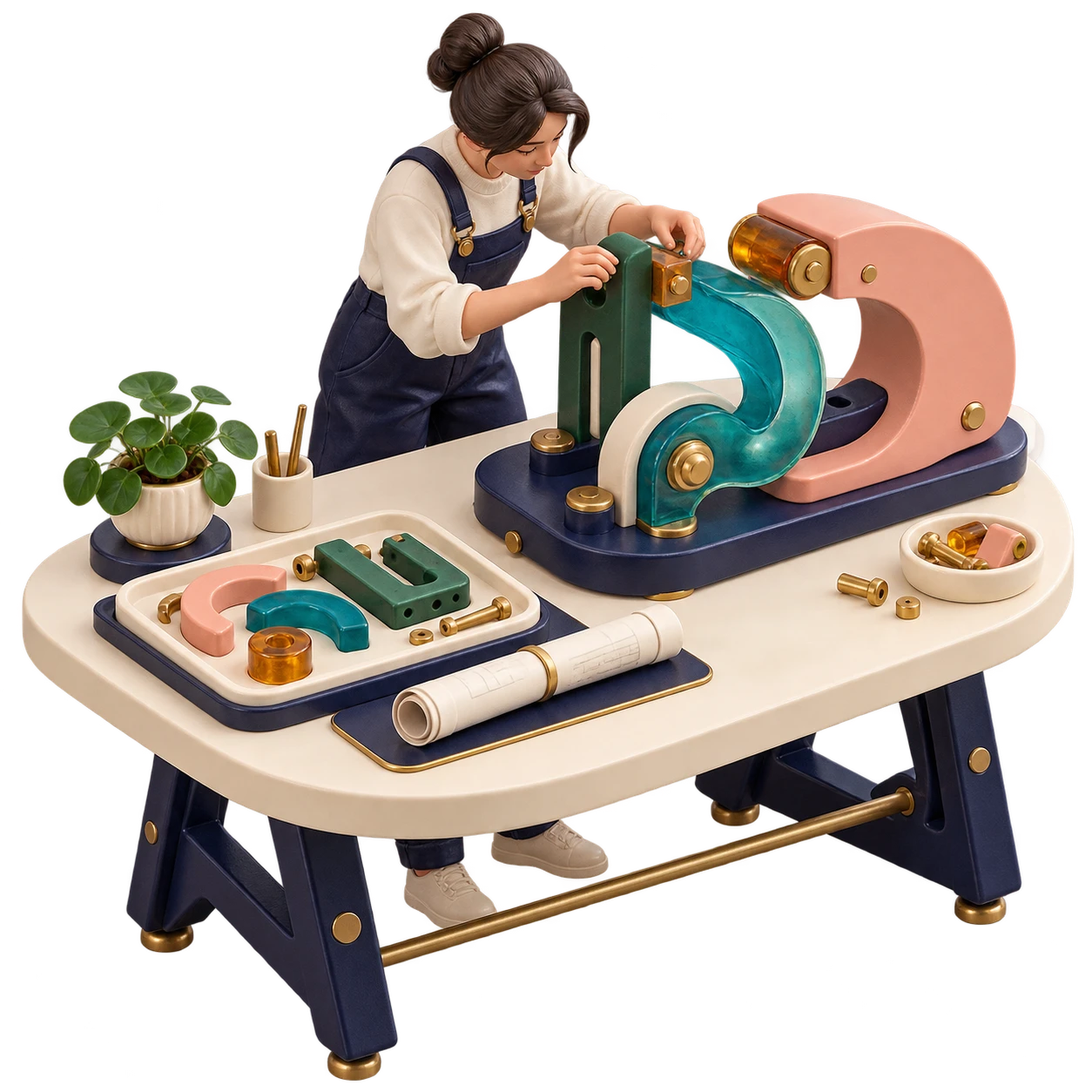 A sculptural designer fits custom workflow components at a precision workbench