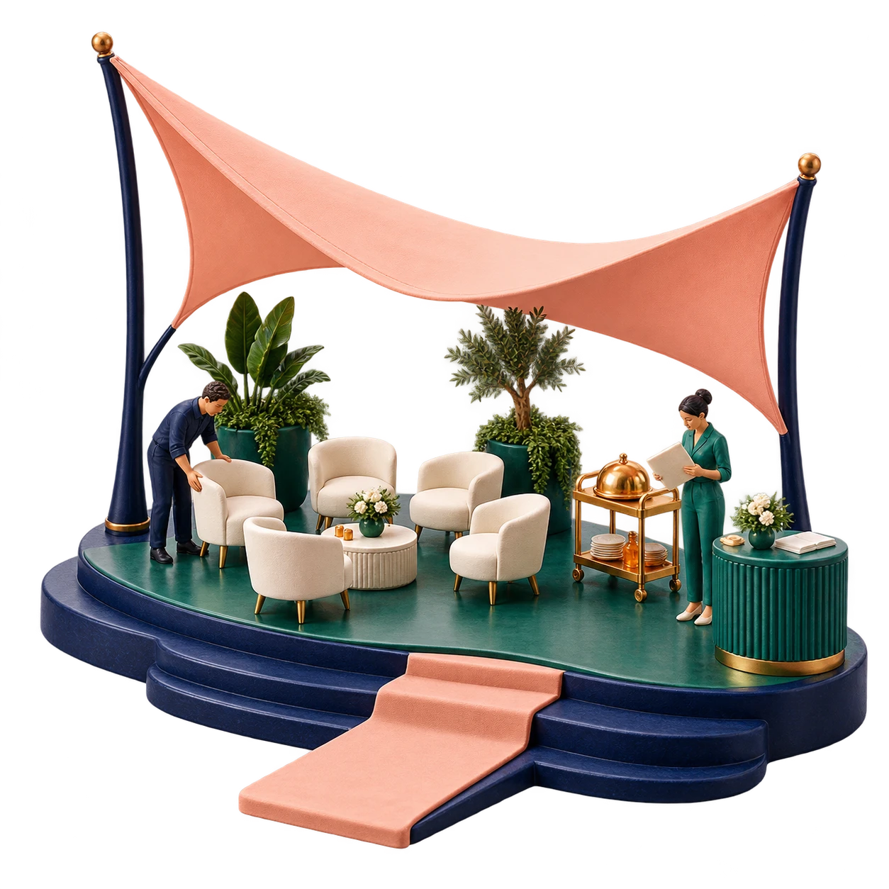 A miniature event venue coordinating seating, services and financial records.