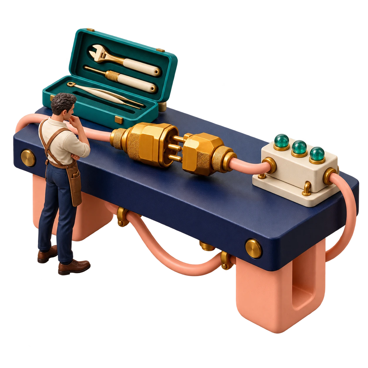 A sculptural engineering tool bench with modular connectors and a repeatable test fixture