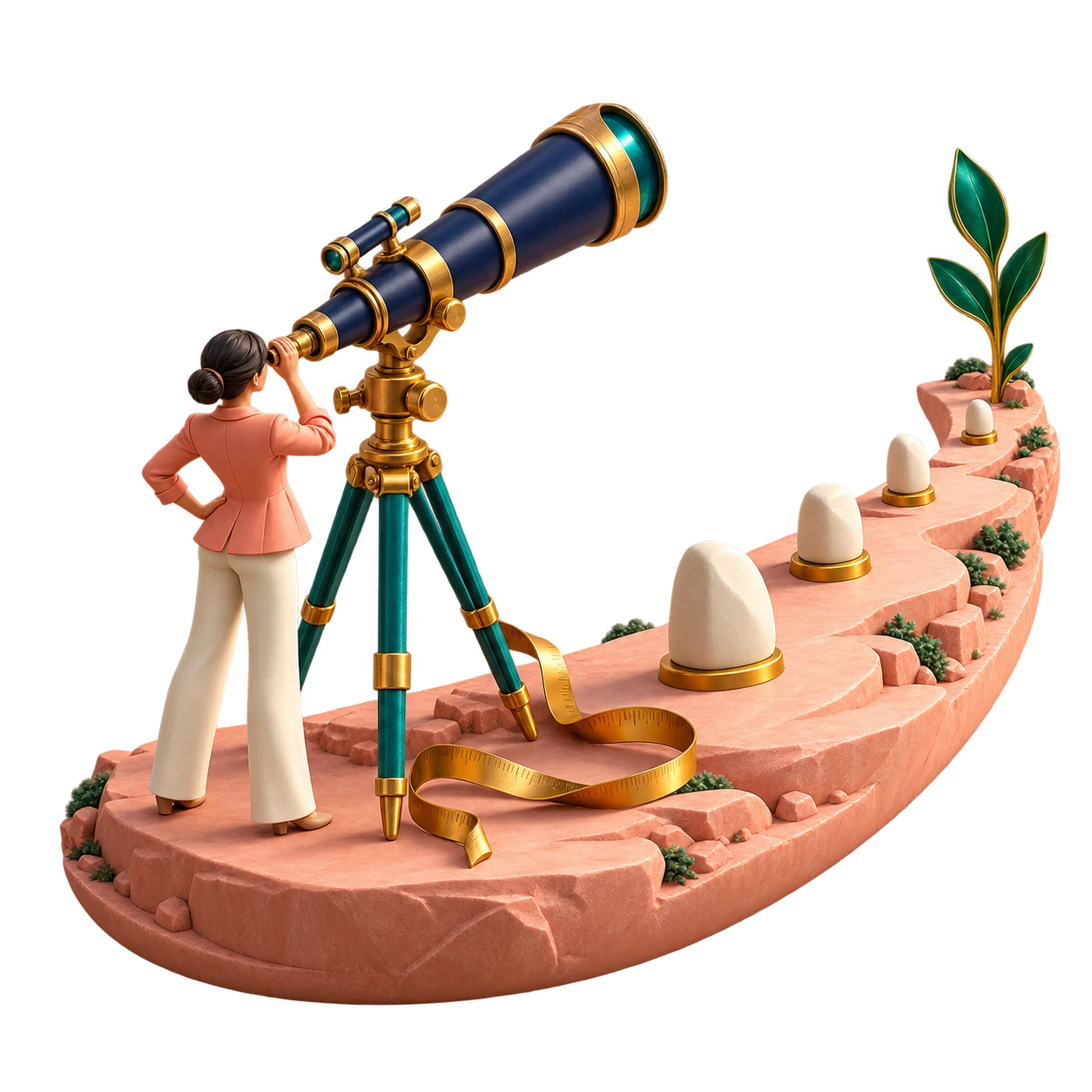 A sculptural horizon planning instrument overlooking a path of future milestones