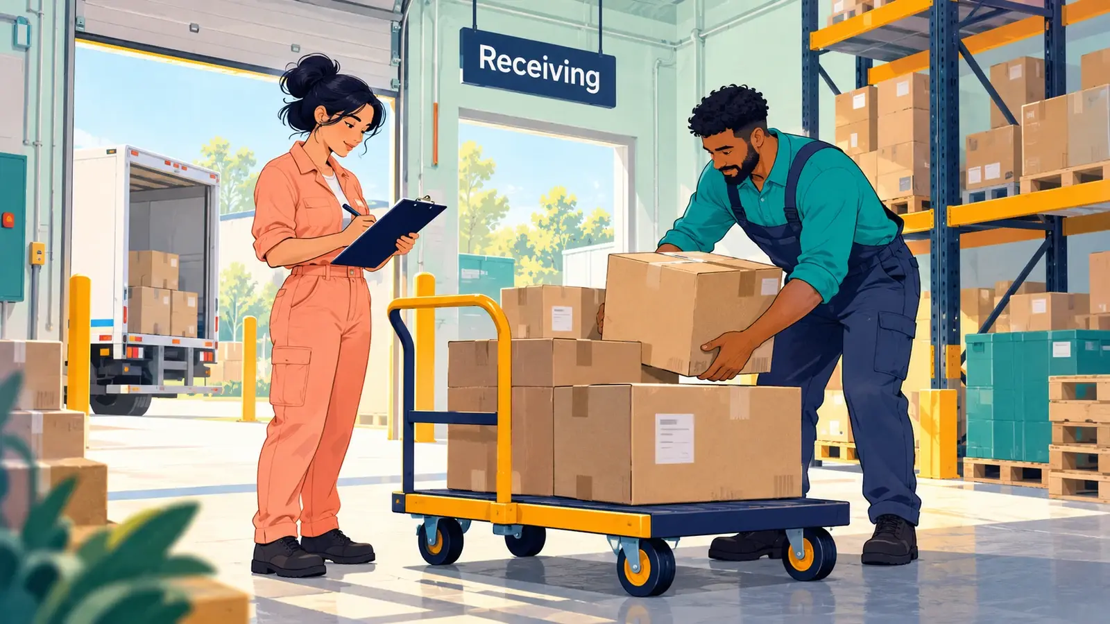 Warehouse workers inspect received cartons before moving them into storage.