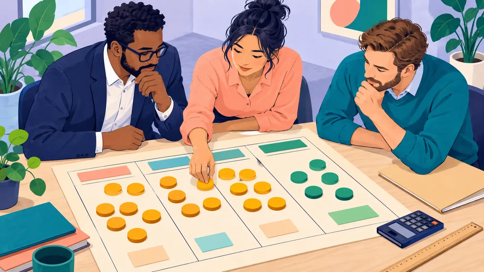 Colleagues compare financial allocations on a planning board with colored tokens and a calculator.
