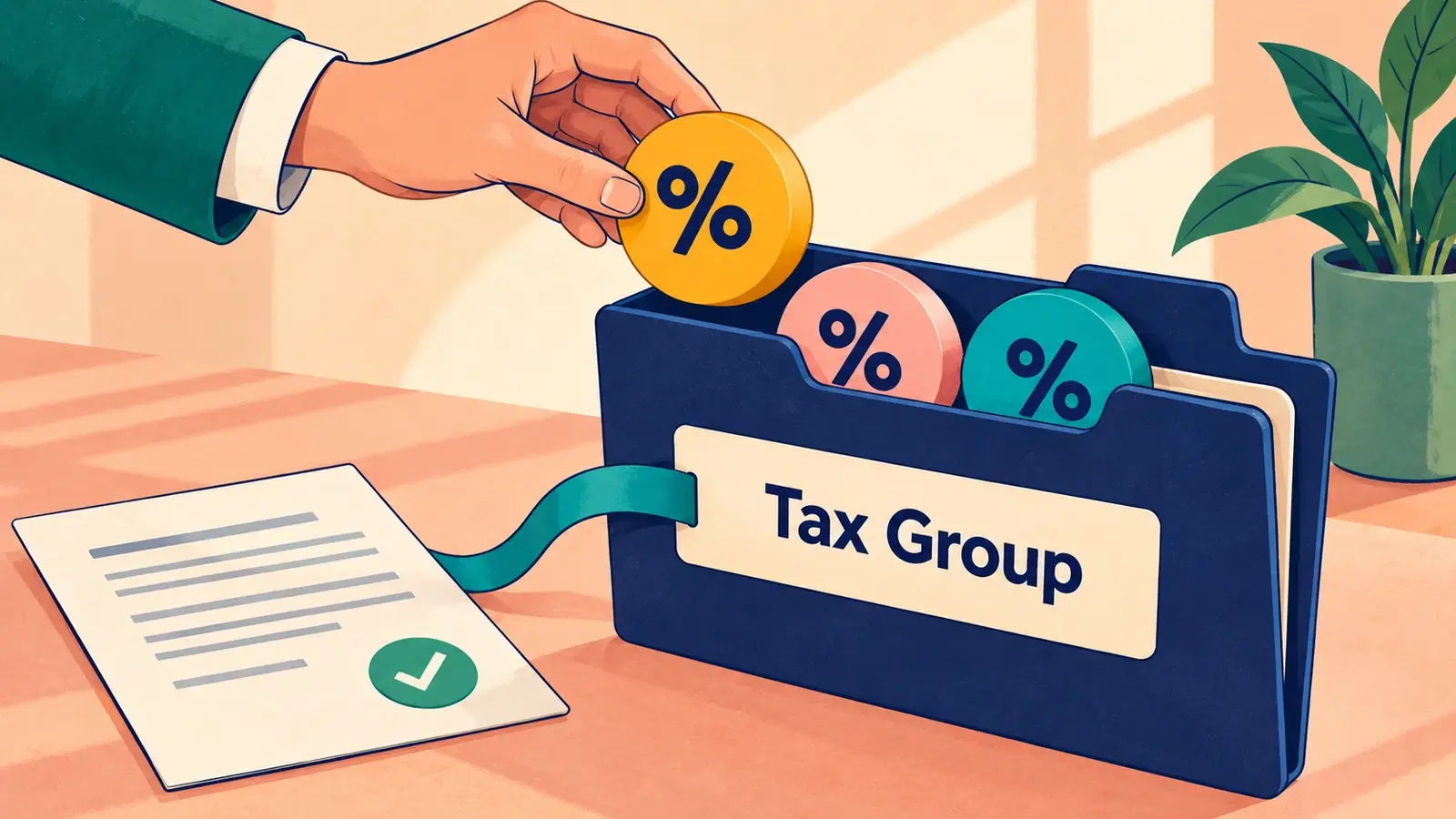 Three colored percentage tokens gather into one Tax Group folder beside a transaction document.