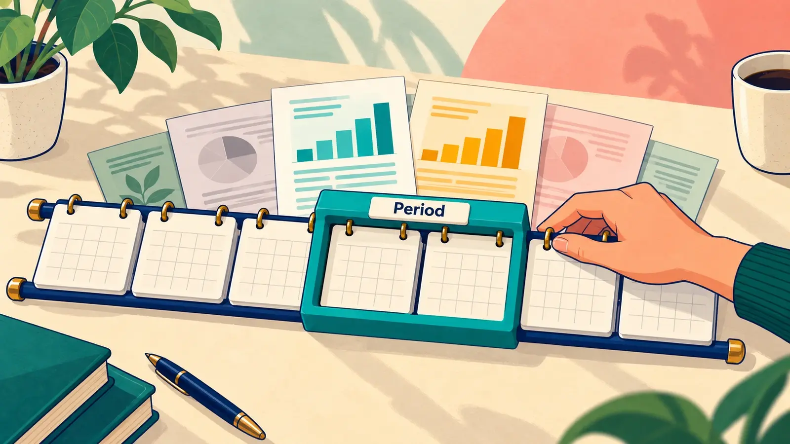 A movable Period frame highlights part of an accounting calendar strip and the matching financial report documents.