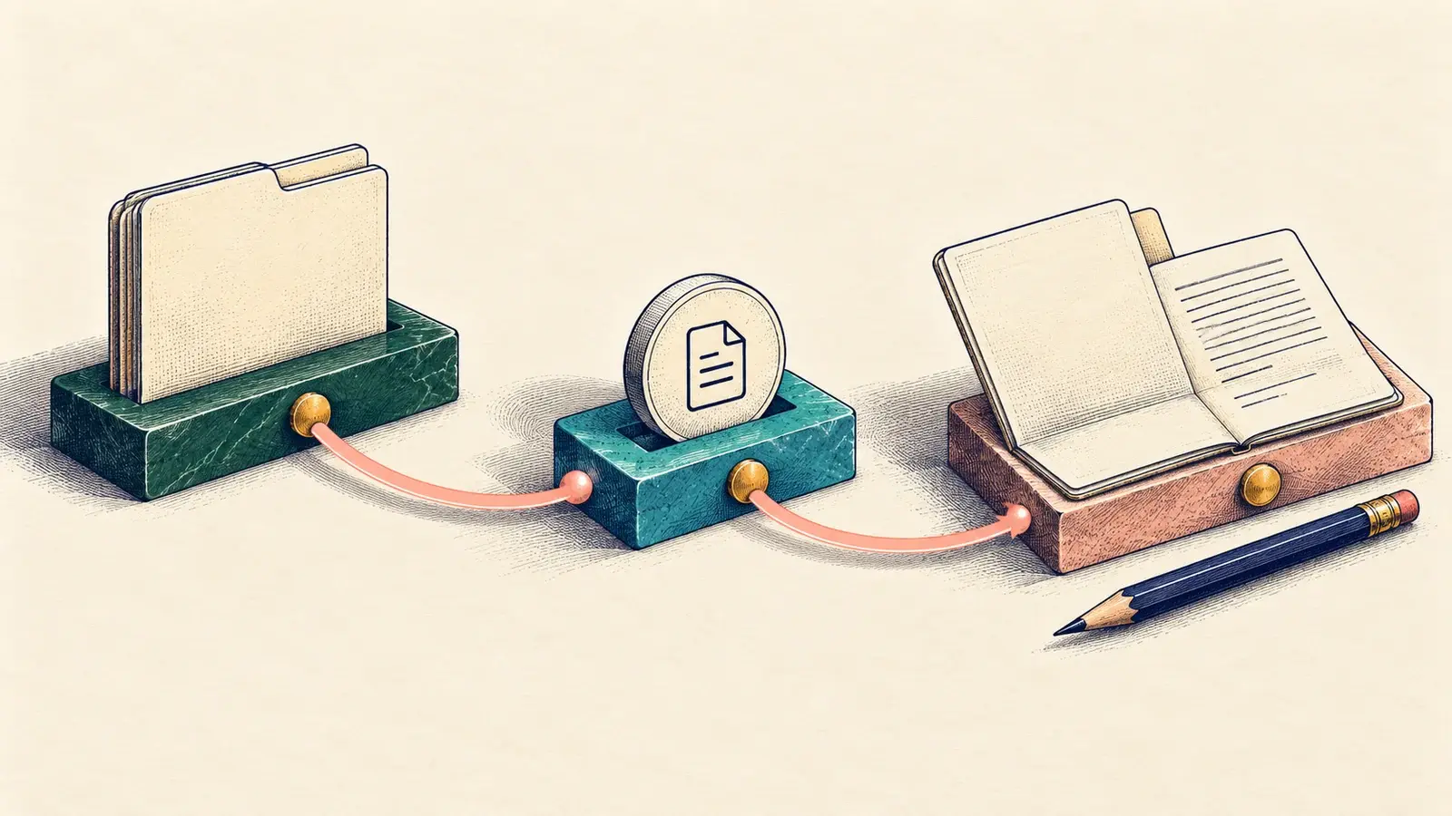 Three connected record stations lead from a closed folder to an open document and pencil, illustrating a workflow that opens a record for editing.