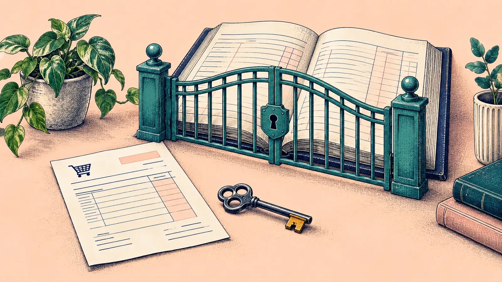 A teal access gate protects an open financial ledger while a sales document remains outside, illustrating controlled access to general-ledger details.