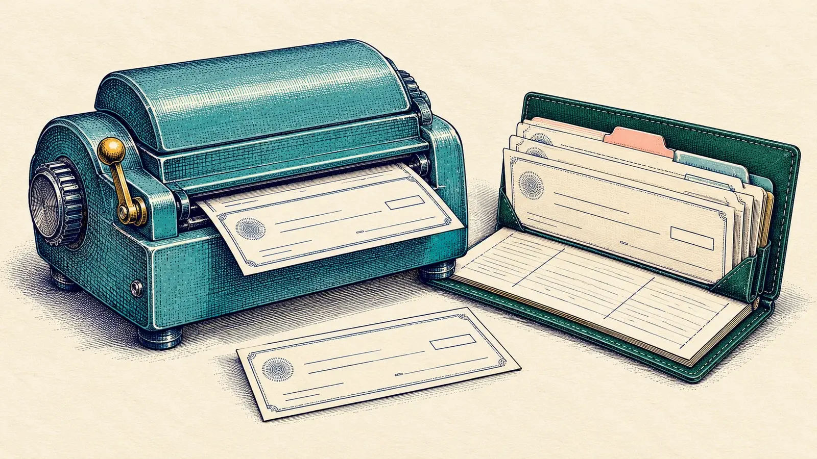 A teal document printer produces a check beside an open register and organized check stubs.