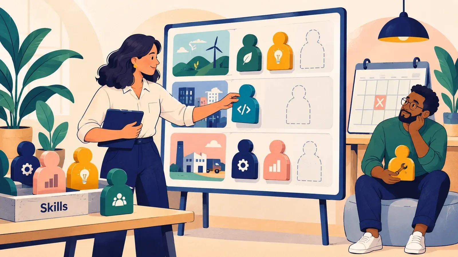 A manager matches skill tokens to project needs and available dates.