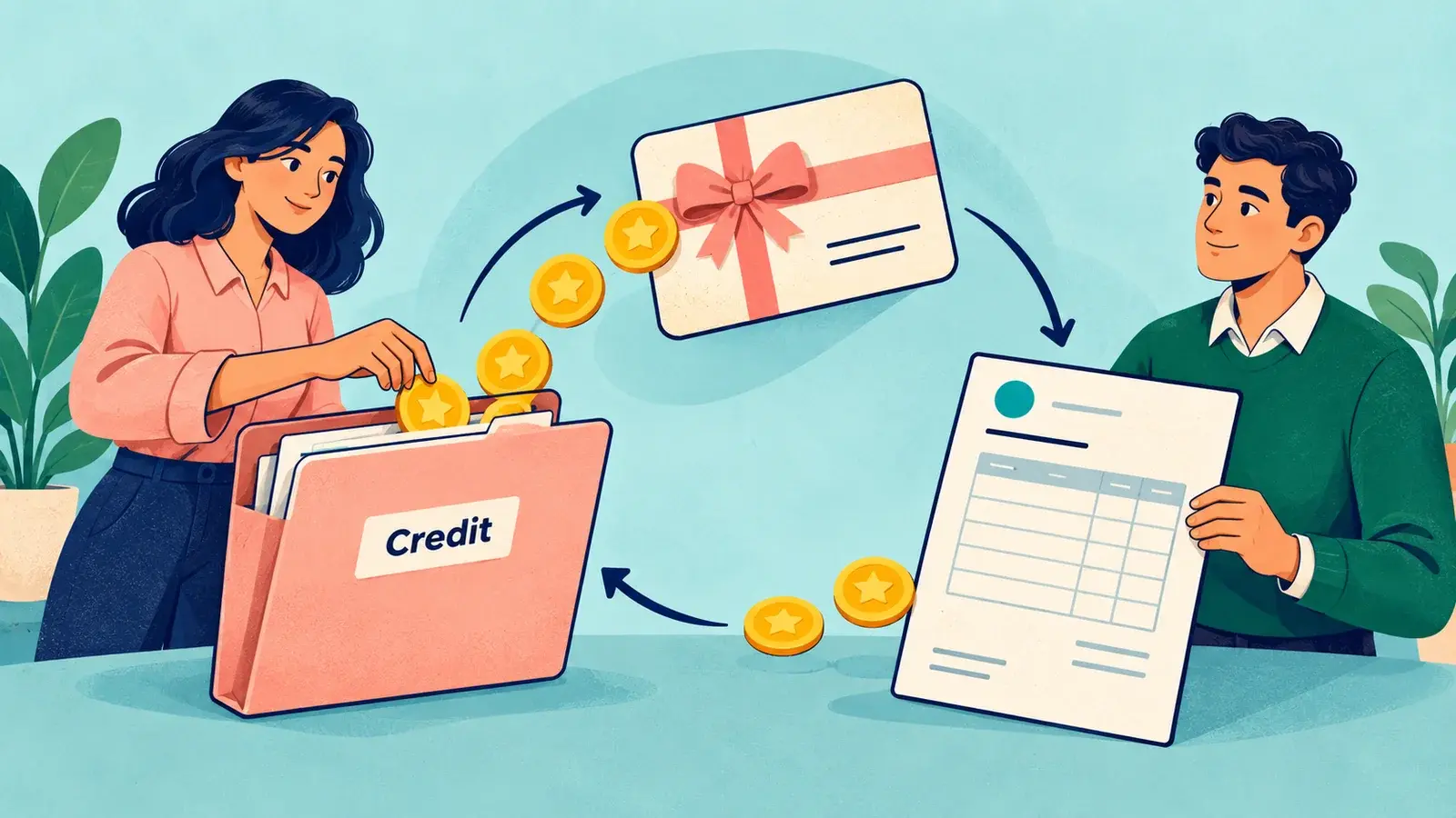 A customer credit connects to a gift voucher through a balanced invoice trail.