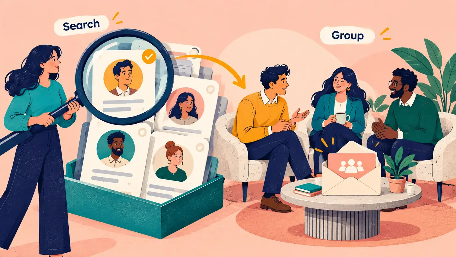Matching contact records become a group for meetings and campaigns.