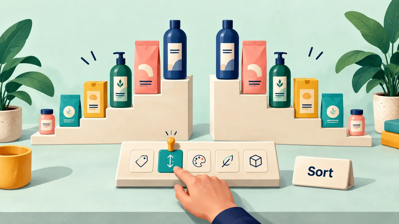 Product cards appear in ascending and descending catalogue orders.