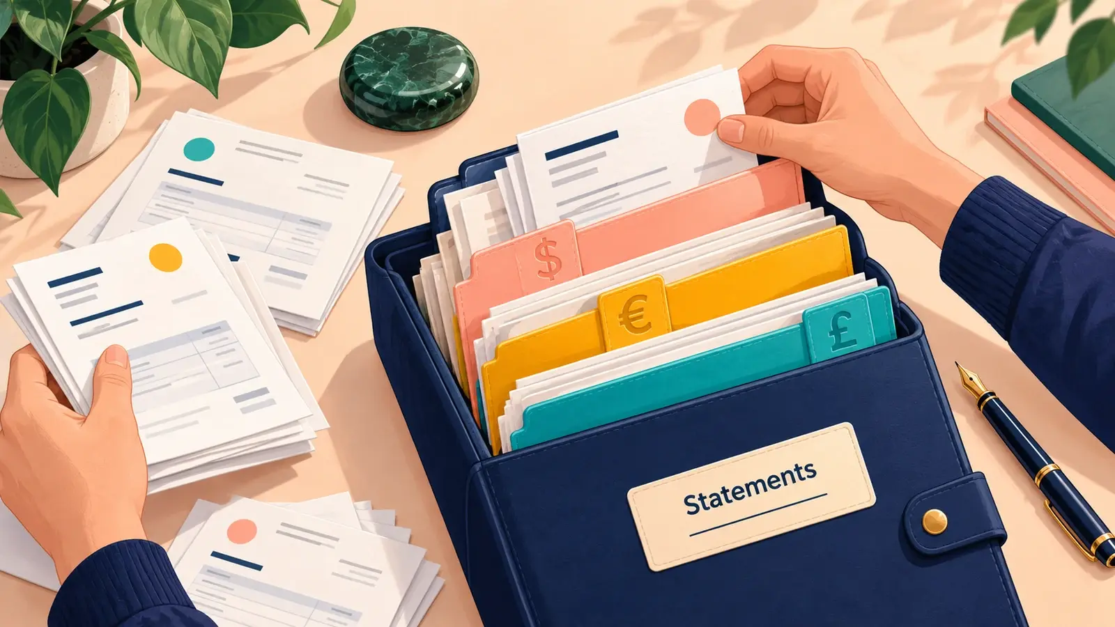 Customer documents gathered into an organized statement folder, illustrating month-end customer statements.
