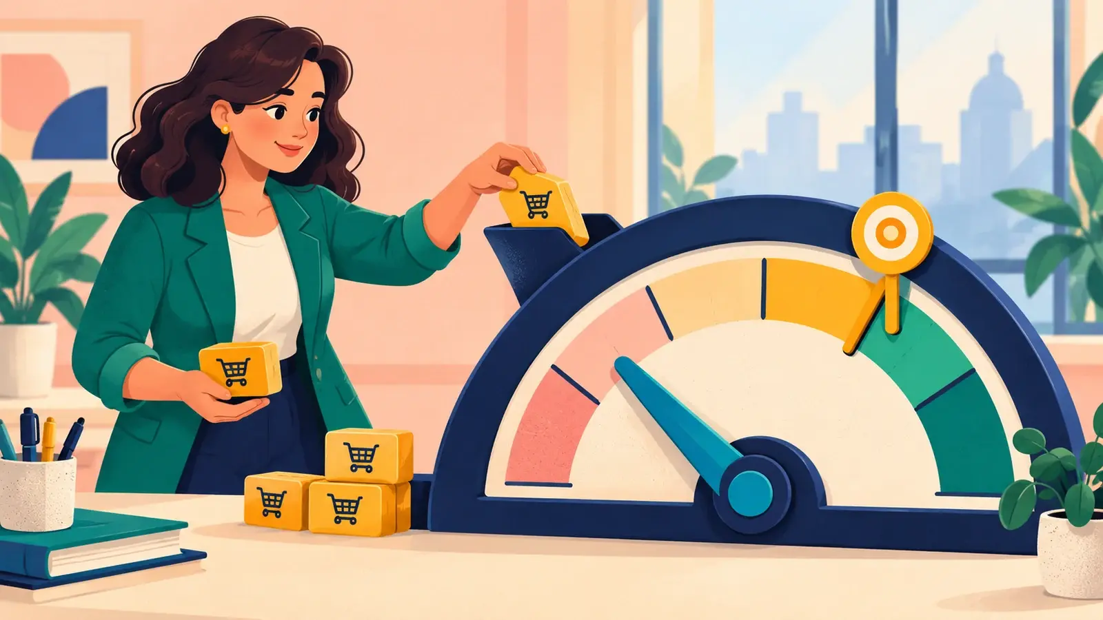 A sales specialist compares sales tokens with a performance meter and target marker.