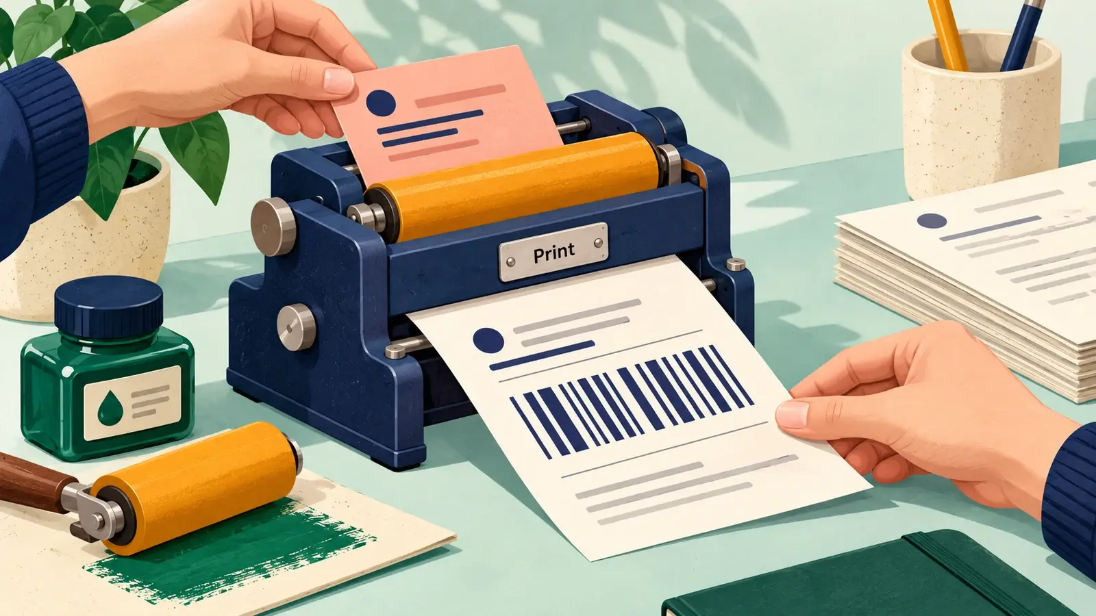 A printing device produces a document with an illustrative barcode.