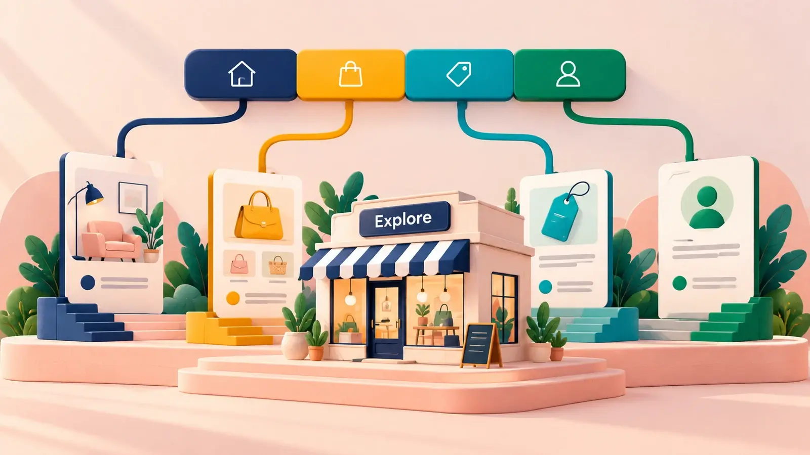 Storefront navigation tabs connect to separate destination pages.